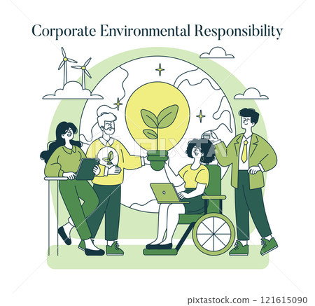 Corporate Environmental Responsibility concept. Team integrating sustainability in business. Renewable energy, green innovation, and ecological engagement. Vector illustration. Corporate Environmental Responsibility concept. Team integrating sustainability in business. Renewable energy, green innovation, and ecological engagement. Vector illustration. 121615090