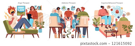 Psychotherapy set. Therapists assist with anger management, addiction recovery, and CBT strategies. Diverse methods for mental health. Vector illustration. Psychotherapy set. Therapists assist with anger management, addiction recovery, and CBT strategies. Diverse methods for mental health. Vector illustration. 121615092