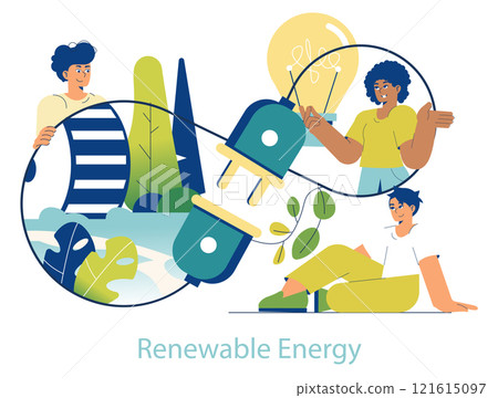 Renewable Energy concept. People connecting with nature promoting sustainable power sources. Clean energy generation and eco-friendly solutions. Vector illustration. 121615097