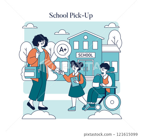 Working Mom Day concept. A mother picks up her children from school, showcasing everyday family life and care. Balancing parenting, work, inclusion. Vector illustration. 121615099
