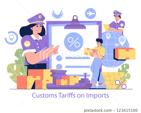 Customs Tariffs on Imports concept. Illustration of officers and importer with global trade elements. Regulation of international shipments, taxation, and economy. Vector illustration. 121615100