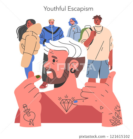 Midlife Crisis concept. Mature man contemplating past, symbols of youth and memories overarching his thoughts. Reflection on life stages. Vector illustration. Midlife Crisis concept. Mature man contemplating past, symbols of youth and memories overarching his thoughts. Reflection on life stages. Vector illustration. 121615102