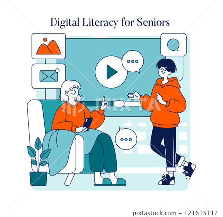 Digital Literacy for Seniors concept. An elder woman learns to use technology from a younger person amidst icons of digital communication. Intergenerational tech education scene. Vector illustration. Digital Literacy for Seniors concept. An elder woman learns to use technology from a younger person amidst icons of digital communication. Intergenerational tech education scene. Vector illustration. 121615112