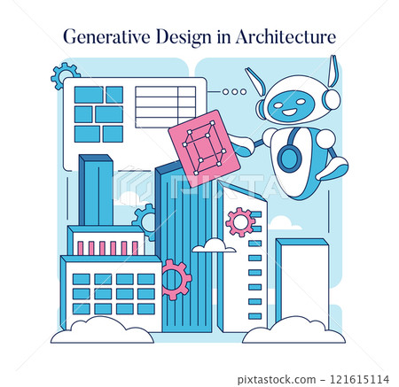 Automation in Creativity concept. A robot designs urban architecture, blending technology with building innovation. Futuristic city planning illustration. Vector illustration. Automation in Creativity concept. A robot designs urban architecture, blending technology with building innovation. Futuristic city planning illustration. Vector illustration. 121615114