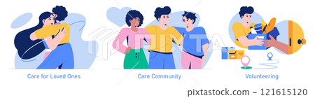 Care Day set. Illustrations depict affection with a hug, community bonding, and selfless charity work. Embracing empathy, togetherness, and altruism. Vector illustration. Care Day set. Illustrations depict affection with a hug, community bonding, and selfless charity work. Embracing empathy, togetherness, and altruism. Vector illustration. 121615120