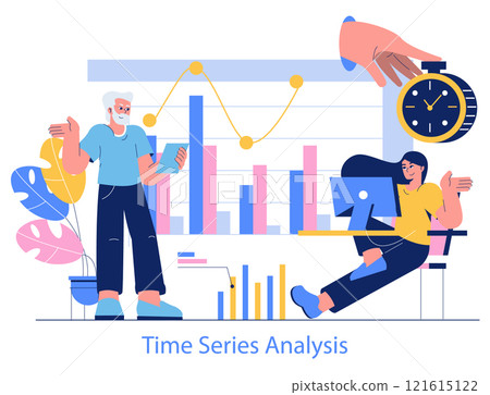 Time Series Analysis concept. Professionals analyze and forecast data trends over time. Collaboration, analyzing graphs, and time management themes. Vector illustration. 121615122