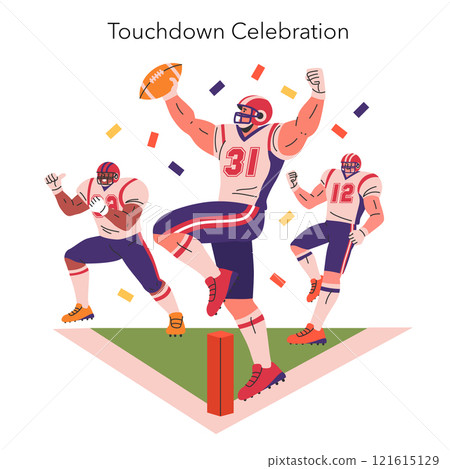 Touchdown celebration concept. Football players revel in the joy of scoring as confetti rains down. Victory and team spirit on the field. Vector illustration. 121615129