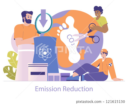 Nuclear power concept. Sustainable energy initiative to cut CO2 emissions with professionals working towards eco-friendly solutions. Vector illustration. Nuclear power concept. Sustainable energy initiative to cut CO2 emissions with professionals working towards eco-friendly solutions. Vector illustration. 121615130