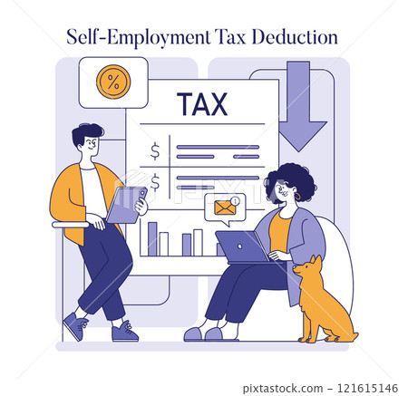 Tax Deduction concept. Freelancers managing finances with self-employment tax deduction guidance. Efficient budgeting, expense tracking, and tax planning. Vector illustration. 121615146