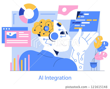 AI Integration concept. An illustration showcasing the fusion of advanced technology with business analytics. AI-powered process automation and data interpretation. Vector illustration. 121615148