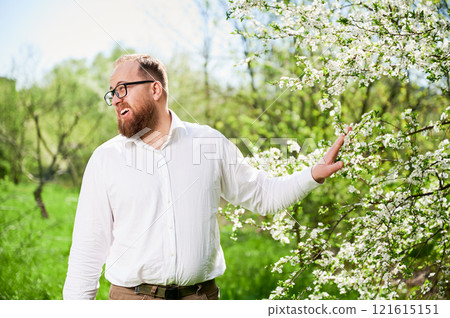 Man allergic suffering from seasonal allergy at spring in blossoming garden at springtime. Bearded man with glasses pushing away branch of blooming tree with flowers. Spring allergy concept 121615151
