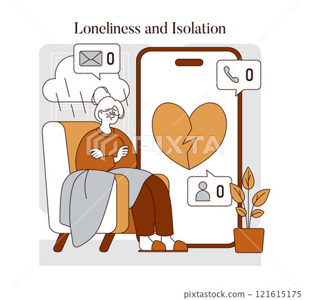 Senior woman facing loneliness with zero messages and calls, highlighting isolation among elderly. Vector illustration. 121615175
