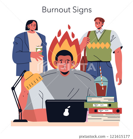 Burnout concept. Overwhelmed employee with metaphorical fire over the head indicating stress. Office setting with concerned colleagues. Vector illustration. Burnout concept. Overwhelmed employee with metaphorical fire over the head indicating stress. Office setting with concerned colleagues. Vector illustration. 121615177