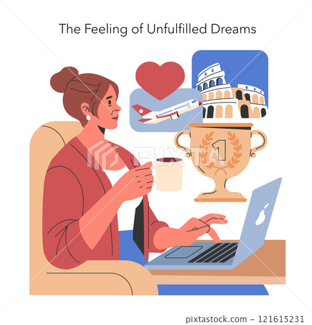 Midlife Crisis concept. Woman at her laptop reflecting on personal goals, love, travel, and success. Emotional well-being and aspiration themes. Vector illustration. 121615231