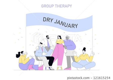 Dry January concept. Individuals at a support group meeting, committed to sobriety in the new year. Mutual encouragement, lifestyle change. Vector illustration. Dry January concept. Individuals at a support group meeting, committed to sobriety in the new year. Mutual encouragement, lifestyle change. Vector illustration. 121615254