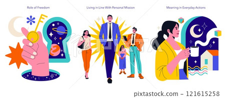 Logotherapy illustration. This art explores the significance of finding meaning in life through personal missions and everyday actions. It highlights freedom role in individual journeys towards 121615258