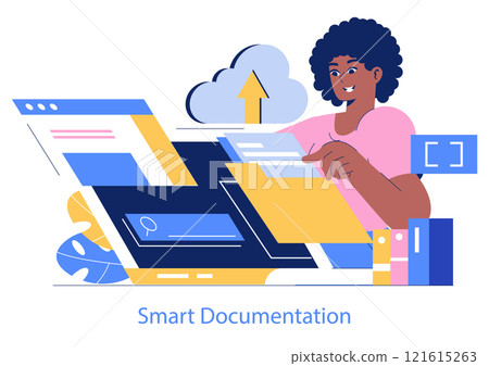 Smart Documentation concept. Woman uploading files to cloud storage from her laptop, depicting digital organization. Paperless office technology, online data management. Vector illustration. 121615263