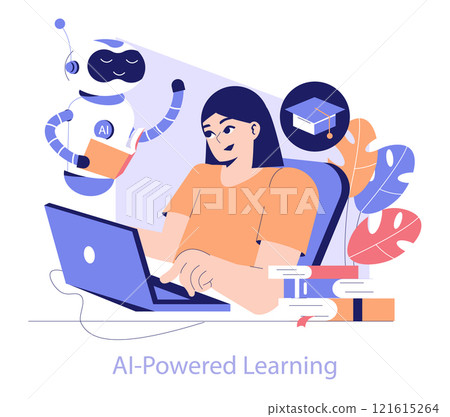 Edtech concept. An illustration capturing the interaction between a student using a laptop and a friendly AI robot assisting with education. Tech-infused learning experience. Vector illustration. 121615264