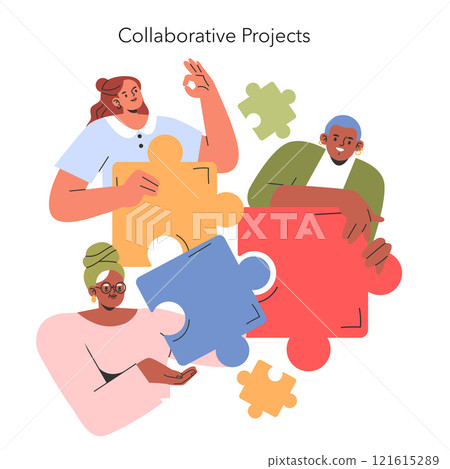 Collaborative Projects concept. A diverse team assembles jigsaw puzzle pieces representing teamwork. Cooperation in business strategy and project management. Vector illustration. Collaborative Projects concept. A diverse team assembles jigsaw puzzle pieces representing teamwork. Cooperation in business strategy and project management. Vector illustration. 121615289