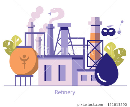 Oil refinery illustration. Industrial facility processes crude into gasoline and petrochemicals. Energy production, pollution, fossil fuels. Vector illustration. 121615290