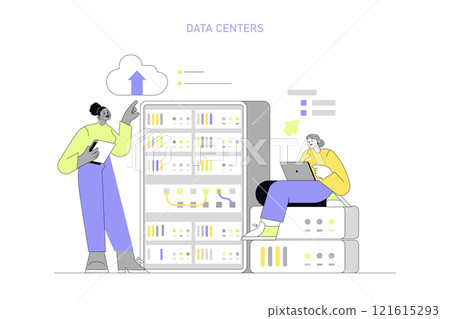 Women in technology concept. Female professionals manage cloud services at data centers. IT industry career for diversity and empowerment. Vector illustration. Women in technology concept. Female professionals manage cloud services at data centers. IT industry career for diversity and empowerment. Vector illustration. 121615293