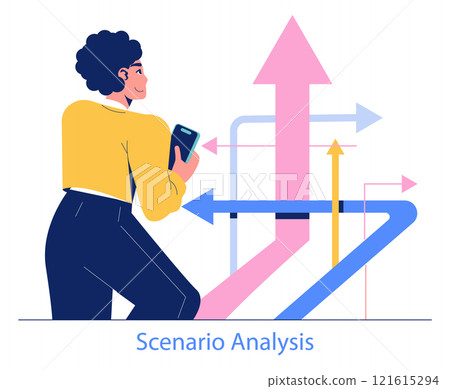 Forecasting concept. Businesswoman analyzing potential outcomes with a graph. Strategic planning with scenario analysis in decision-making. Vector illustration. Forecasting concept. Businesswoman analyzing potential outcomes with a graph. Strategic planning with scenario analysis in decision-making. Vector illustration. 121615294
