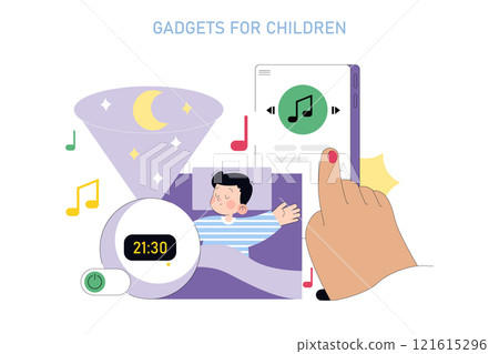 Child sleep enhancement with technology concept. Peaceful bedtime routine enabled by gadgets that play lullabies and display night sky projections. Vector illustration. Child sleep enhancement with technology concept. Peaceful bedtime routine enabled by gadgets that play lullabies and display night sky projections. Vector illustration. 121615296