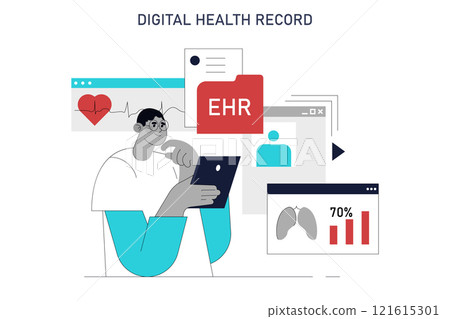 Automation in healthcare concept. Digital health records transformation with technology. Efficient data management for improved patient care. Vector illustration. 121615301