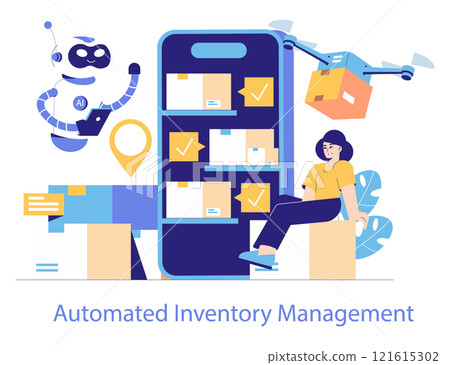 Logistics Automation concept. Streamlined inventory management using AI, drones, and automation. Future of efficient warehousing and delivery. Vector illustration. 121615302