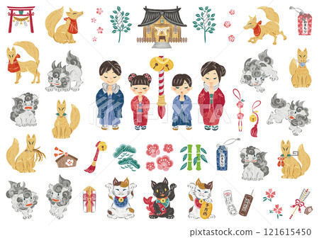 一月，新年，一家人到神社拜年，看門狗，稻荷桑插畫集 121615450