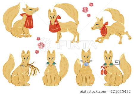 神社稻荷神像各種姿勢的插畫:跑步、散步、坐著 神社稻荷神像各種姿勢的插畫:跑步、散步、坐著 121615452