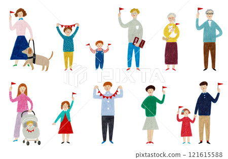 Hand-drawn illustration People Set of people waving flags 121615588