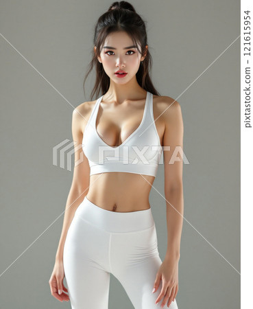 Asian woman wearing white yoga clothes 121615954