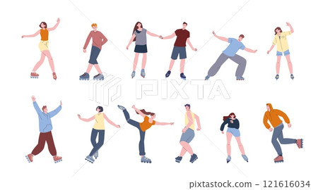 Roller skaters. Retro sporty men women on roller skate, hobby or workout. Enjoying active characters, young people free time, kicky vector set 121616034