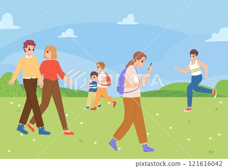 People walking in city park or garden. Couple, young adults, children and teens walk on nature landscape. Little pupils and student with backpack, runner, vector scene 121616042