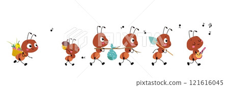 Funny working ants characters. Cartoon ant walk one after another and carry different objects. Work group process, insects work to music, vector isolated scene 121616045