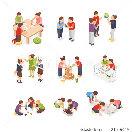 Isometric kindergarten activity. Children play together in ball and cubes, wearing animals costumes and drawing. Little kids outdoor activities, flawless vector set Isometric kindergarten activity. Children play together in ball and cubes, wearing animals costumes and drawing. Little kids outdoor activities, flawless vector set 121616049