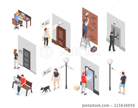 Isometric public security. Outdoor cctv, face recognition systems. Modern urban safety for people and home, criminal hacks smart lock. Flawless vector scenes 121616050