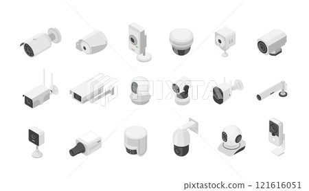Isometric security systems. Cctv cameras for face recognition, indoor outdoor street monitoring systems. Digital technologies for protection, flawless vector elements 121616051