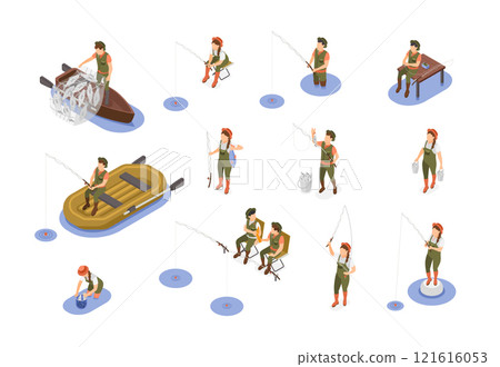 Isometric fishermen characters. Boys girls fishing with rods and nets from wooden or rubber boats. Male female outdoor hobby, flawless vector set 121616053
