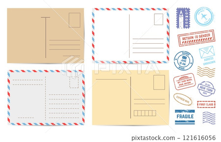 Postcards with stamps. Blank retro and modern cards design with different grunge style postage stamp. Departure arrival insignia, neoteric vector set Postcards with stamps. Blank retro and modern cards design with different grunge style postage stamp. Departure arrival insignia, neoteric vector set 121616056
