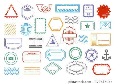 Postal stamps frames. Isolated stamp grunge effect for mail, travel documents. Letters postcards envelopes parcels postage insignia, neoteric vector clipart Postal stamps frames. Isolated stamp grunge effect for mail, travel documents. Letters postcards envelopes parcels postage insignia, neoteric vector clipart 121616057