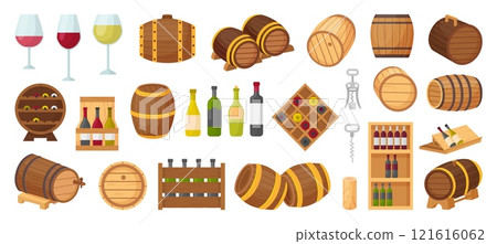 Wine cellar elements. Bottles and wooden barrels for drinks storage. Winery equipment and products. Glasses, shelf and boxes, neoteric vector set 121616062