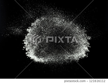 Fluffy White snow splash flying or throwing in mid air. Snowfall on Black background isolated. Snow dust element falling over dark night Fluffy White snow splash flying or throwing in mid air. Snowfall on Black background isolated. Snow dust element falling over dark night 121616112