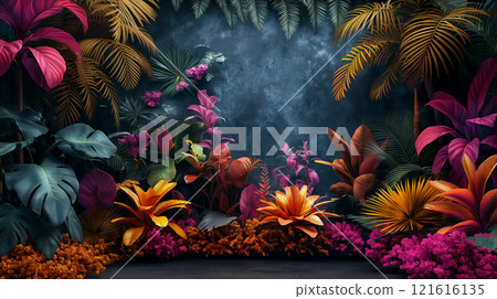 Neon tropical plants wallpaper with vibrant foliage on deep blue background. Generative AI 121616135