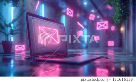 Modern marketing and newsletter development on laptop, concept background. Generative AI 121616136