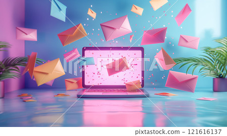 Modern marketing and newsletter development on laptop, concept background. Generative AI Modern marketing and newsletter development on laptop, concept background. Generative AI 121616137