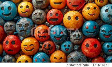 Abstract background of happy emojis with joyful expressions, positivity and fun times. Generative AI 121616140