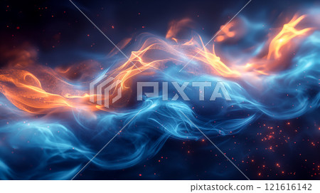 Brilliant cosmic background of dark blue light with vibrant orange energy. Generative AI 121616142