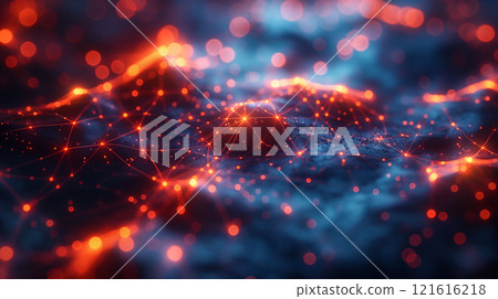 Detailed View of Sci-Fi Network of Interconnected Nodes and Glowing Orbs. Generative AI 121616218